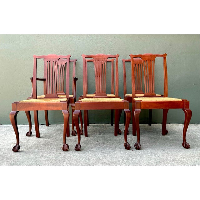 Wood Vintage Chippendale Rush Seat Dining Chairs - Set of 6 For Sale - Image 7 of 12