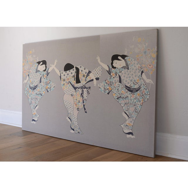 Very rare large Japanese silkscreened fabric art wall hanging from 1979 depicting three geishas dancing by artist Isao...