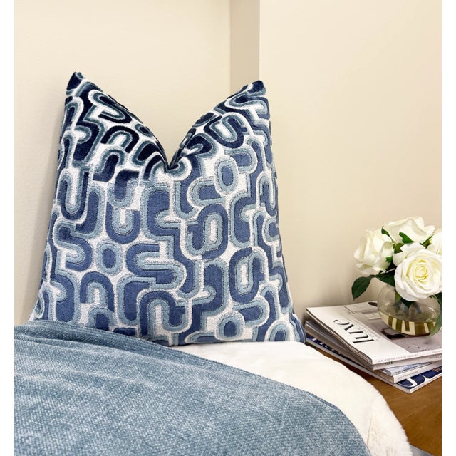 Not Yet Made - Made To Order Blue Groove 22x22 Velvet Pillow With Feather Down Insert For Sale - Image 5 of 7