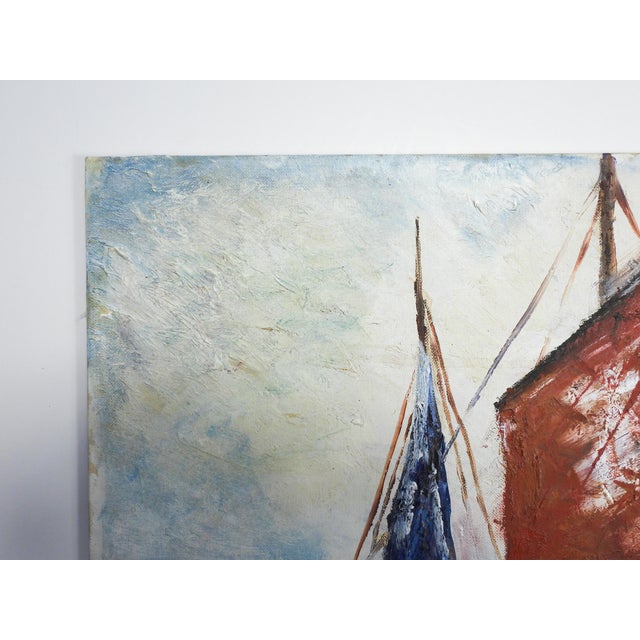 Late 20th Century Late 20th Century European Fishing Boat Harbor Painting For Sale - Image 5 of 6