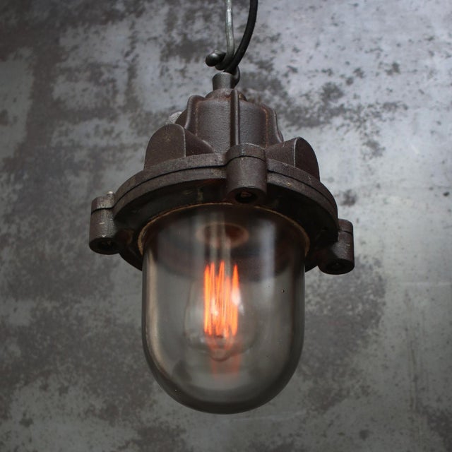 Vintage Industrial Rust Cast Iron Clear Glass Pendant by Industria Rotterdam For Sale - Image 4 of 6