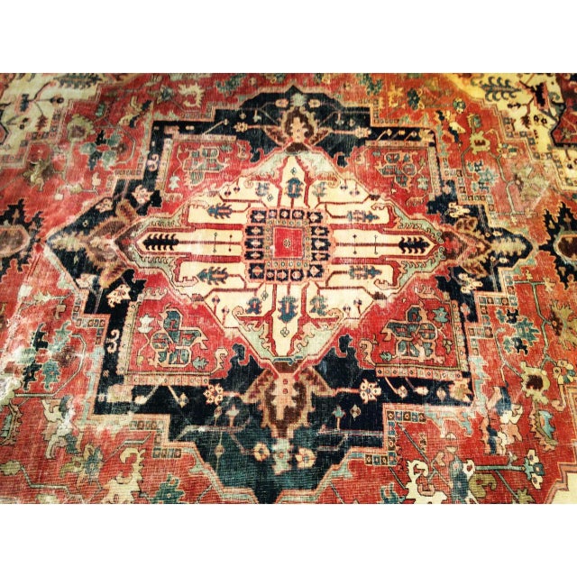 Ivory Antique Persian Heriz Serapi Rug, Hand-Knotted Wool, Geometric Medallion Pattern, Ivory & Rust-Red, 10x12 For Sale - Image 8 of 11