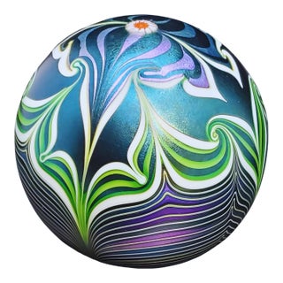 Orient & Flume Signed Flower Shield Art Glass Paperweight 1979 Iridescent Blue For Sale