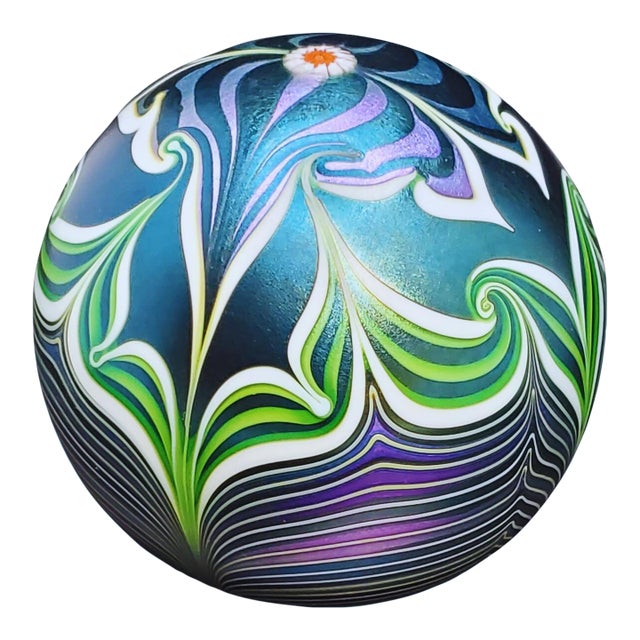 Orient & Flume Signed Flower Shield Art Glass Paperweight 1979 Iridescent Blue For Sale