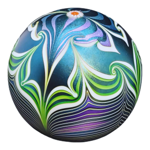 Orient & Flume Signed Flower Shield Art Glass Paperweight 1979 Iridescent Blue