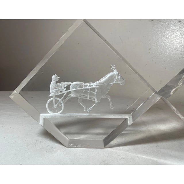 Pair of 2 Vintage Handmade Carved Etched Lucite Acrylic Harness Jockey Bookends For Sale In New York - Image 6 of 14