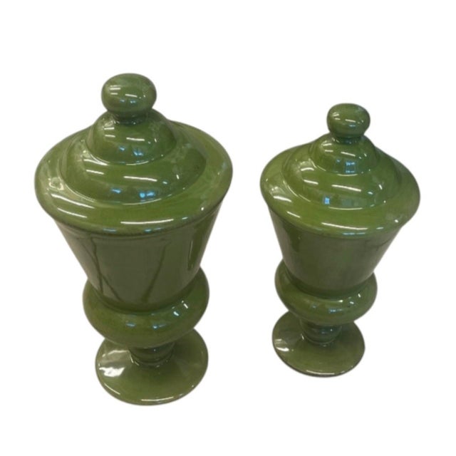 Hollywood Regency Pair of Vintage Olive Green Glazed Ceramic Covered Urns - Graduated Sizes For Sale - Image 3 of 12