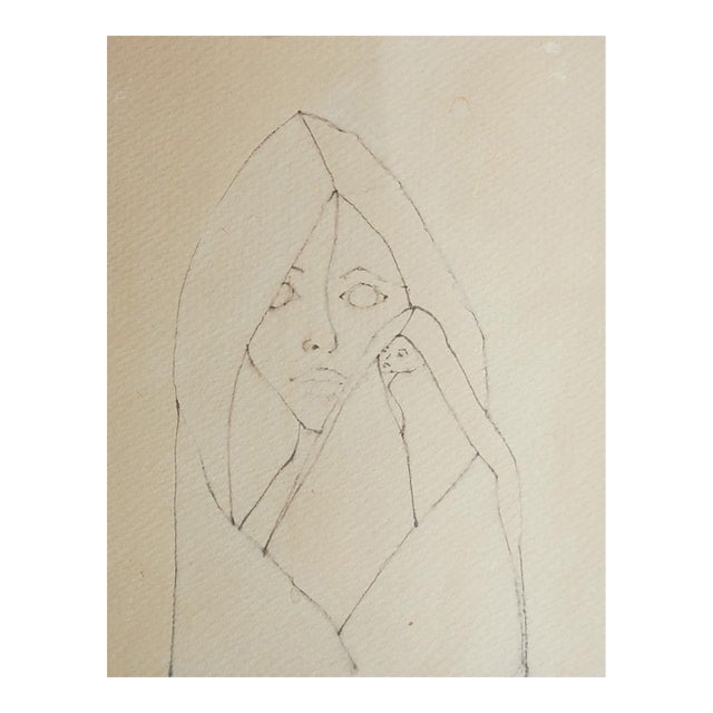 Mid 20th Century Modernist Mother and Child Ink Drawing For Sale