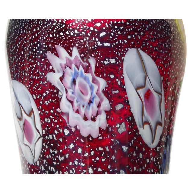 Vintage Murano AVeM Red Millefiori Flowers Murrine Silver Flecks Italian Art Glass Pinched Rim Flower Vase For Sale - Image 10 of 12