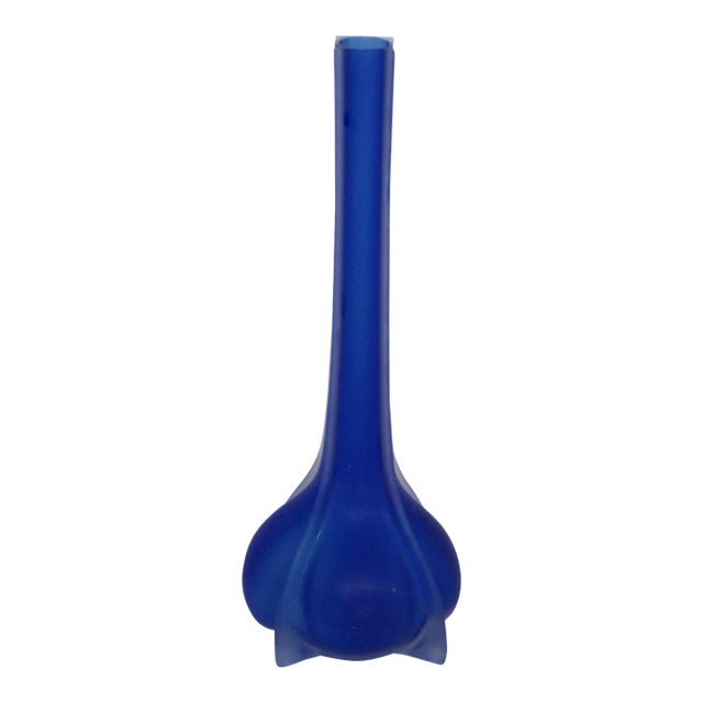 Cobalt Blue Satin Glass Ribbed Footed Tall Vase For Sale
