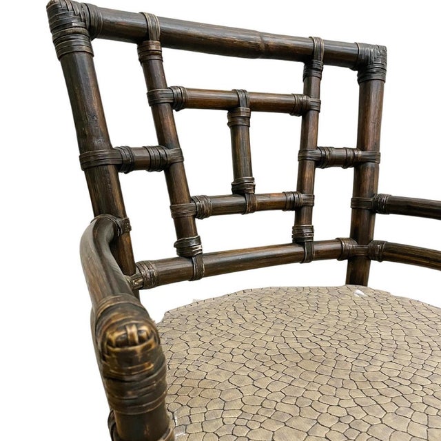 Brown Vintage McGuire Chinese Chippendale Leather Wrapped Rattan Armchairs - A Pair For Sale - Image 8 of 10