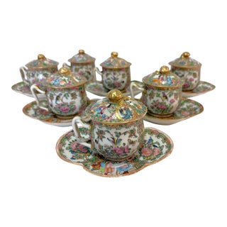 Antique 1840's Chinese Rose Famille Medallion Lidded Tea Cups With Saucers- Set of 6 For Sale