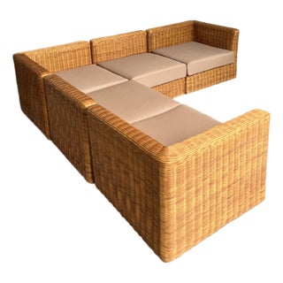 Vintage Coastal Woven Rattan Sectional Sofa For Sale