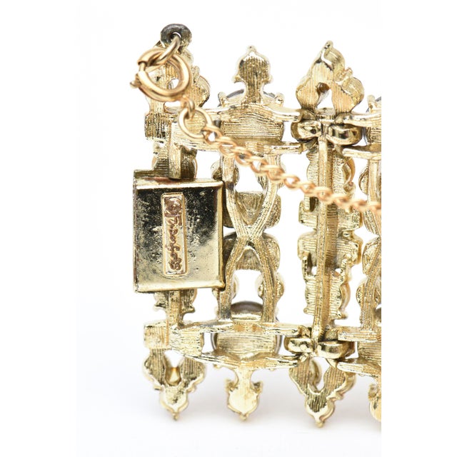 Metal Vintage Signed Francois Gold Plated Cuff Bracelet With Faux Pearls and Amber Rhinestones For Sale - Image 7 of 7