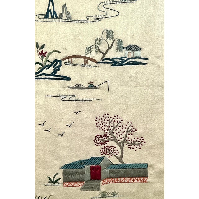 Mid 20th Century MId Century Chinese Hand Embroidered Silk on Gold Silk Figural & Landscaped Framed Wall Hangings / Panels, a Pair For Sale - Image 5 of 8