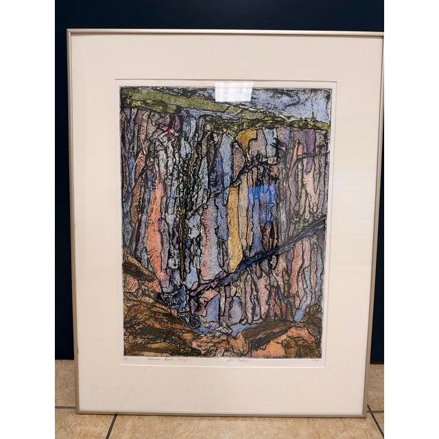 A one-of-a-kind hand-pulled monoprint by artist Rita Miller depicting Colorado's Black Canyon — layered color in rust,...