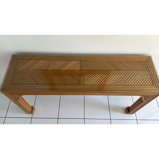 Brown Vintage Ming-Style Pencil Reed Console Table With a Glass Top. For Sale - Image 8 of 8