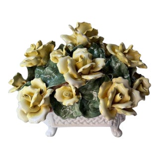 Vintage Italian Capodimonte-Style Porcelain Floral Arrangement Yellow Roses and Green Leaves Set Inside a White Textured Ceramic Basket. For Sale
