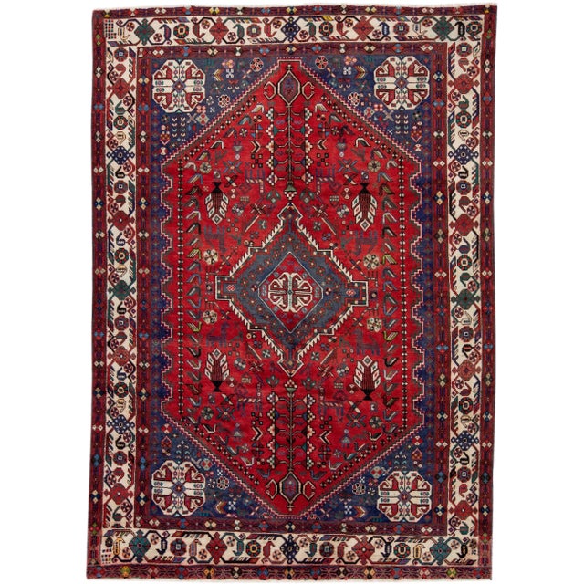 Textile 1960s Vintage Persian Shiraz Handmade Red Medallion Wool Rug For Sale - Image 7 of 7
