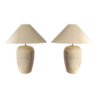 Pair of Late 20th Century Post Modern Neutral Concrete Table Lamps With Lamp Shades For Sale