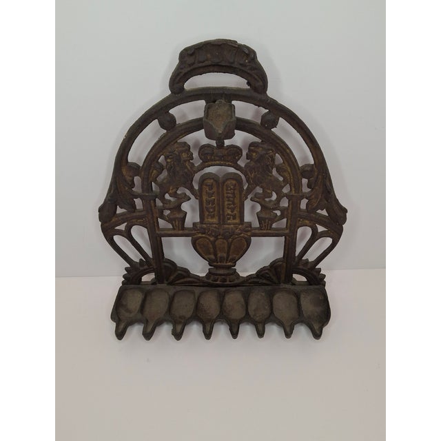 Religious Antique 19thC Polish Brass Bench Menorah Hanukkah Lamp Lions Crown Decalogue For Sale - Image 3 of 15