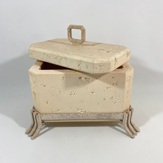 Postmodern Faux Travertine Ceramic Box With Metal Stand and Handle For Sale - Image 12 of 13