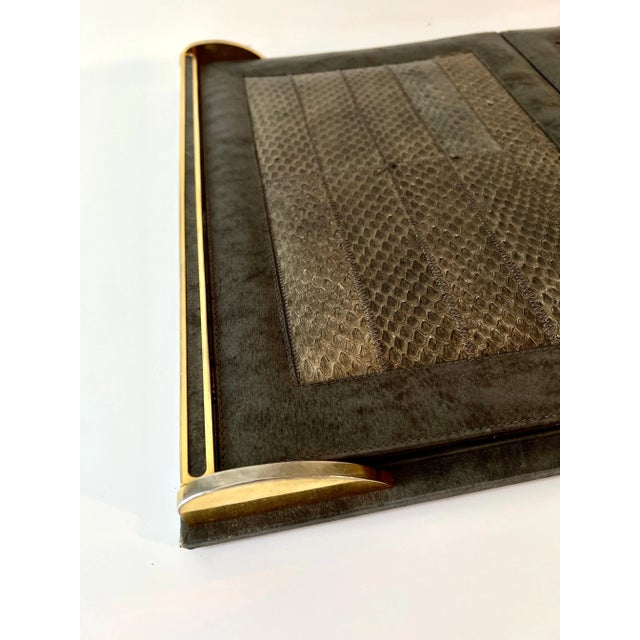 Brown Leather and Reptile Mexican Brass Trimmed Folding Blotter with Pockets For Sale - Image 8 of 12