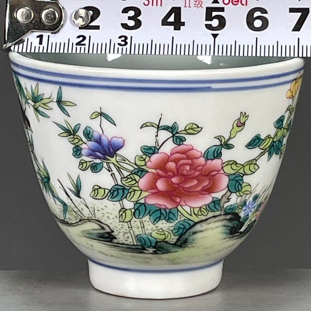 Vintage Wucai Porcelain Teacup – Bird, Bamboo & Peony Motif, Qianlong Mark For Sale - Image 4 of 9