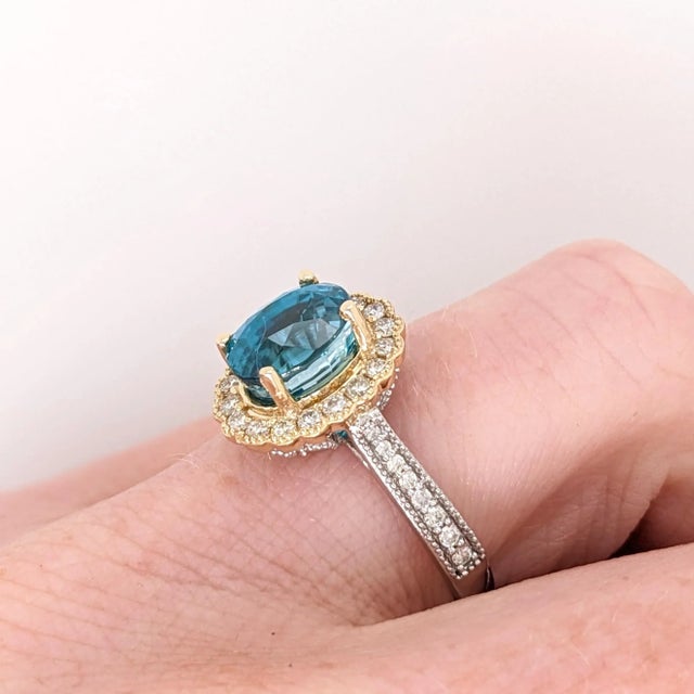 Blue 4.1ct Blue Zircon Ring W Earth Mined Diamonds in Solid 14k Dual Tone Gold Ov 9x7 For Sale - Image 8 of 8