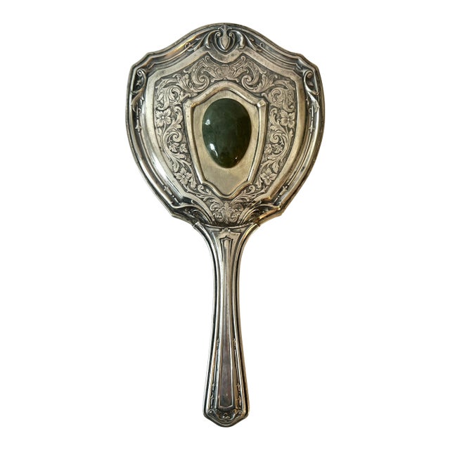 German Silver Victorian Hand Mirror with Jade Detail For Sale