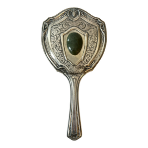 German Silver Victorian Hand Mirror with Jade Detail