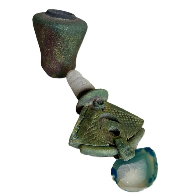 Dark Green Signed Helene Fielder Raku Ceramic Pottery Vessel With Agate Lid / 1980s Art Studio Pottery / 80s Modernist Vase For Sale - Image 8 of 13