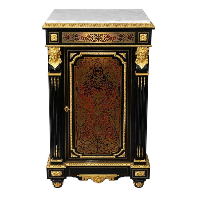 19th Century French Boulle Cabinet With Dore Bronze and White Marble Top For Sale
