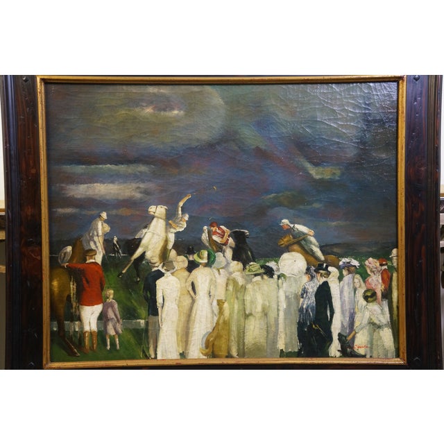 Late 20th Century Trevor James Polo Crowds Equestrian Oil Painting After George Wesley Bellows 37" For Sale - Image 6 of 14