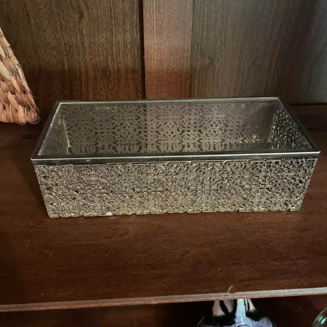 1980s Reticulated Brass Jewelry Box With Mirror and Beveled Glass Accents For Sale - Image 10 of 10