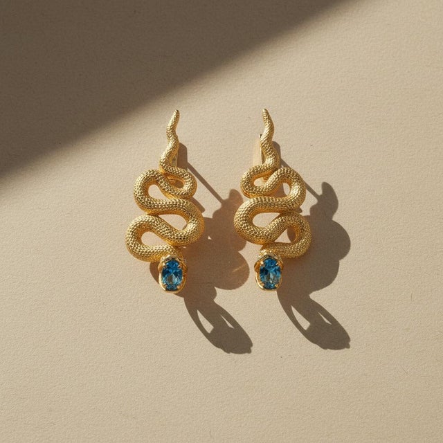 Blue Massive Snake Earrings With Blue Topazes in Opened Mouth, Pair For Sale - Image 8 of 10