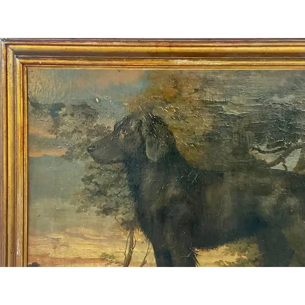This statement-size Oil Painting depicts a Black Labrador Retriever standing alert in a pastoral countryside landscape....