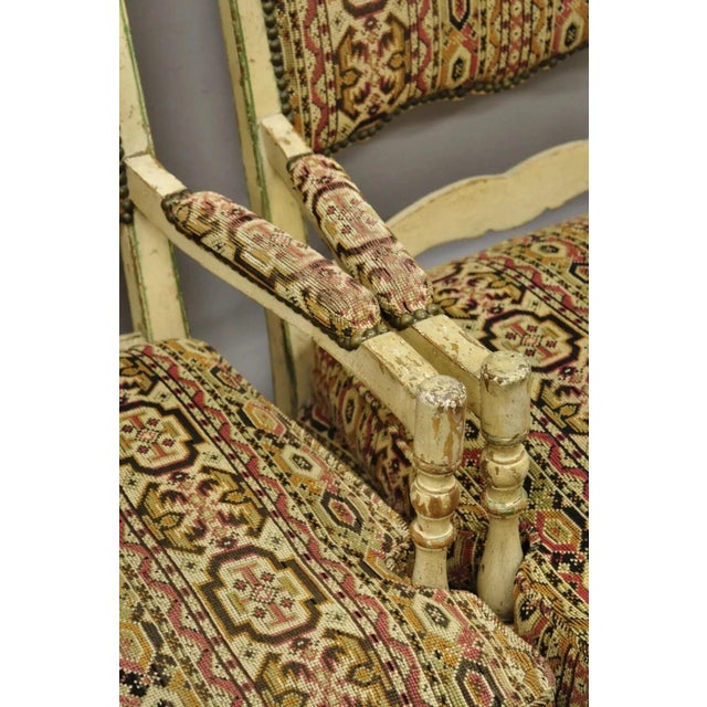 Wood Mid 20th Century Vintage French Country Cream Distress Painted Lounge Arm Chairs & Ottoman - 3 Pieces For Sale - Image 7 of 12