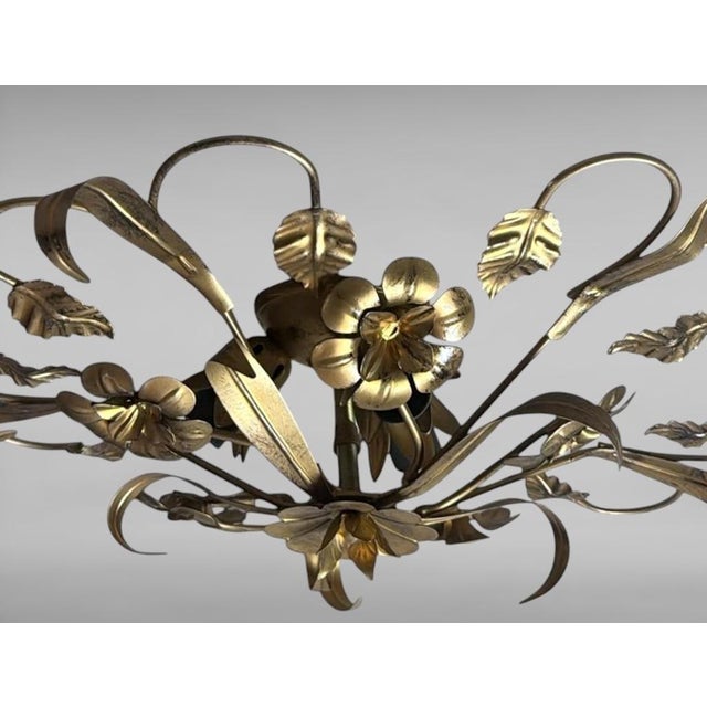 Gold Vintage Italian Florentine Style Gilt Wrought Iron Flush Mount Ceiling Light For Sale - Image 8 of 18