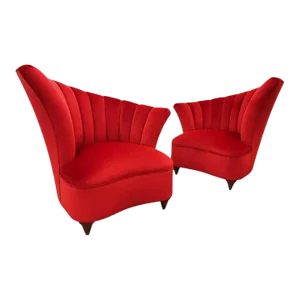 Hollywood Regency Scalloped Asymmetrical Red Velvet Chairs - A Pair