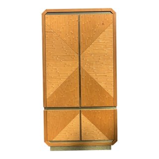 Vintage Italian Cane Rattan and Brass Oak Armoire For Sale