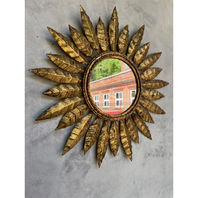 Small Spanish Gilt Metal Sunburst Mirror With Pointed Alternating Leaves For Sale - Image 4 of 13
