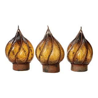 Vintage Blown Crackle Glass Caged Shades/Globes - Set of 3 For Sale