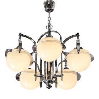 Art Deco Five-Light Chandelier in Chrome and Opaline Glass, 1930s For Sale