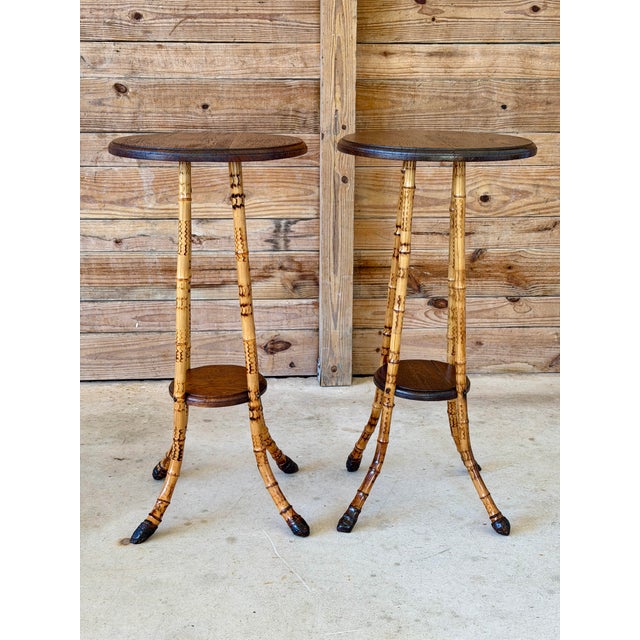 Late 19th Century Pair of Victorian Scorched Bamboo Plant Stands With Bamboo Root Feet For Sale - Image 5 of 12
