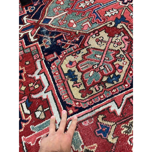 1930s Antique Heriz Rug with Deep Denim Corners, Corals, Salmon, Cloud-Blue Rug 8 x 11.2 For Sale - Image 5 of 7