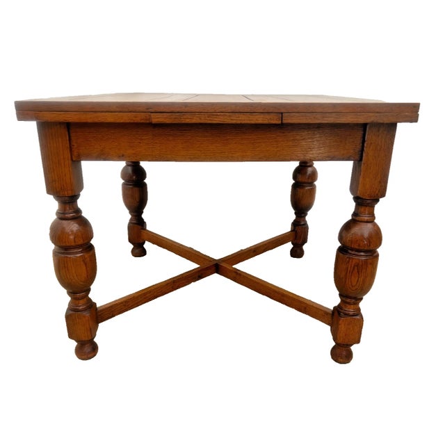 Brown Early 20th Century English Tudor Expansion Table Turned Baluster Legs Quarter Sawn Oak, X-Stretcher For Sale - Image 8 of 14