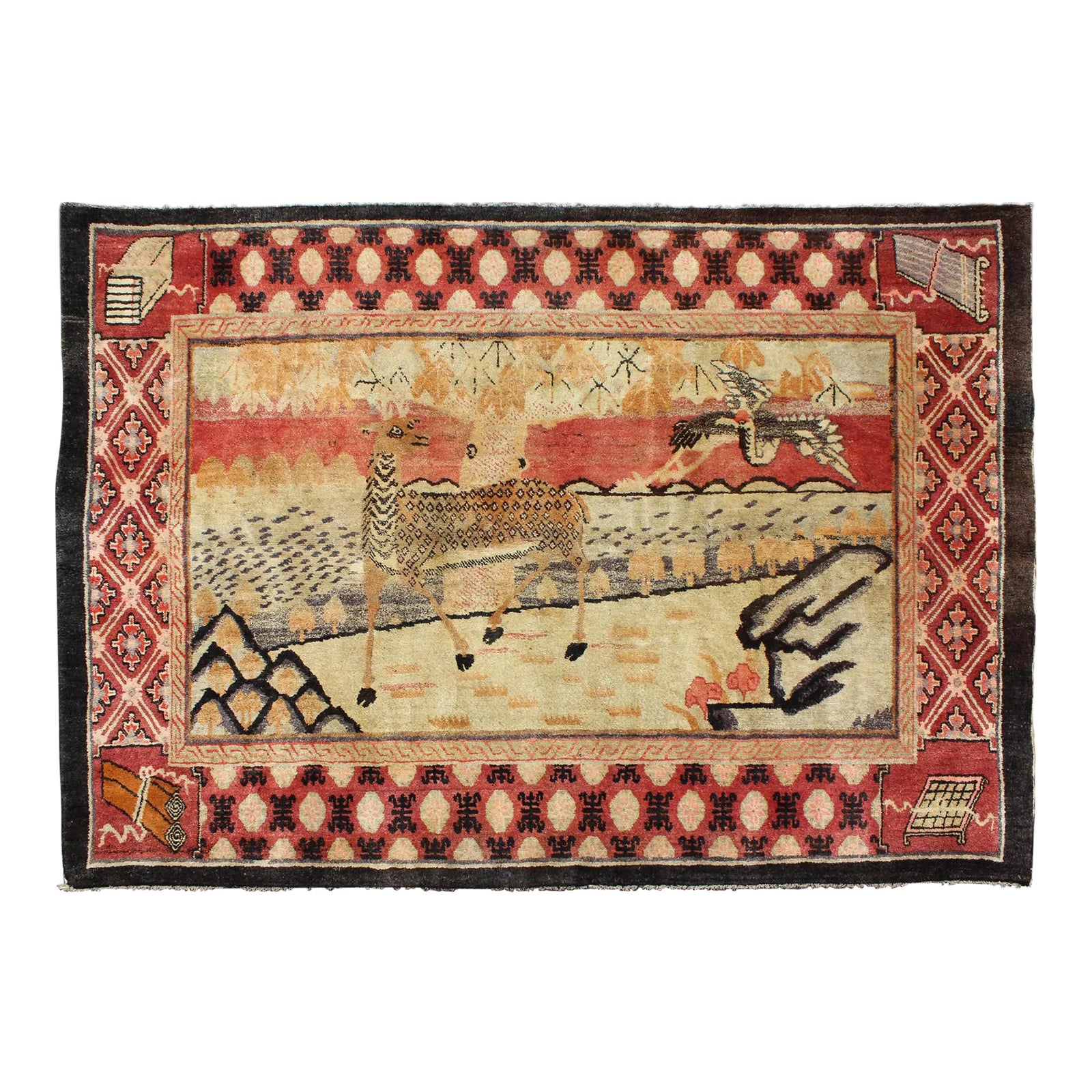Chinese Pictorial Hand Knotted Rug With Deer and Crane Figures | Chairish