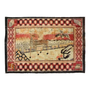 Chinese Pictorial Hand Knotted Rug With Deer and Crane Figures