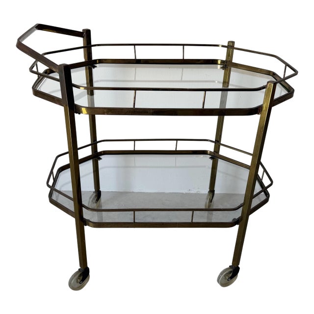 Italian Hollywood Regency Two-Tier Brass & Glass Bar Cart For Sale